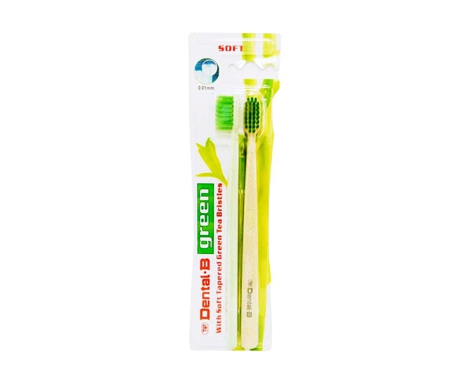Dental-B Green with Soft Tapered Green Tea Bristles 2 Pieces Yellow & Green