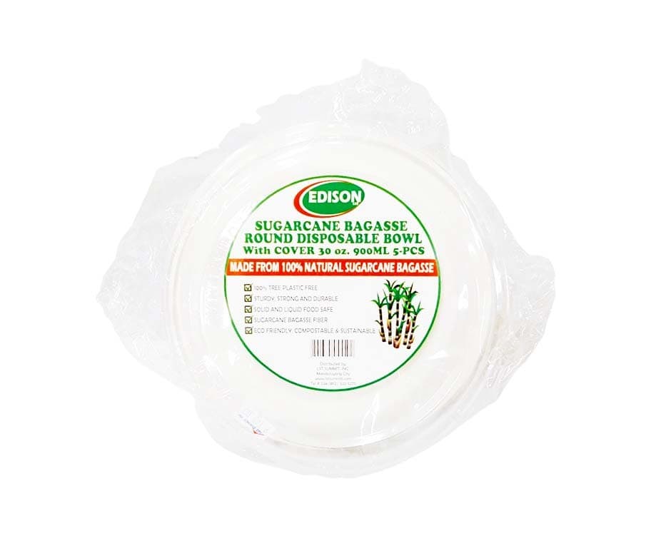 Edison LST Sugarcane Bagasse Round Disposable Bowl with Cover 30oz (900mL) 5 Pieces