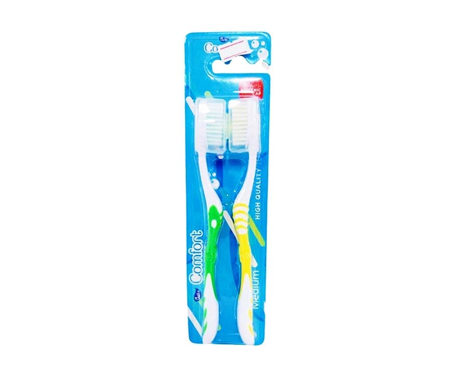 Yoltz Comfort Medium High Quality Toothbrush with Hygienic Cap Green & Yellow 2 Pieces