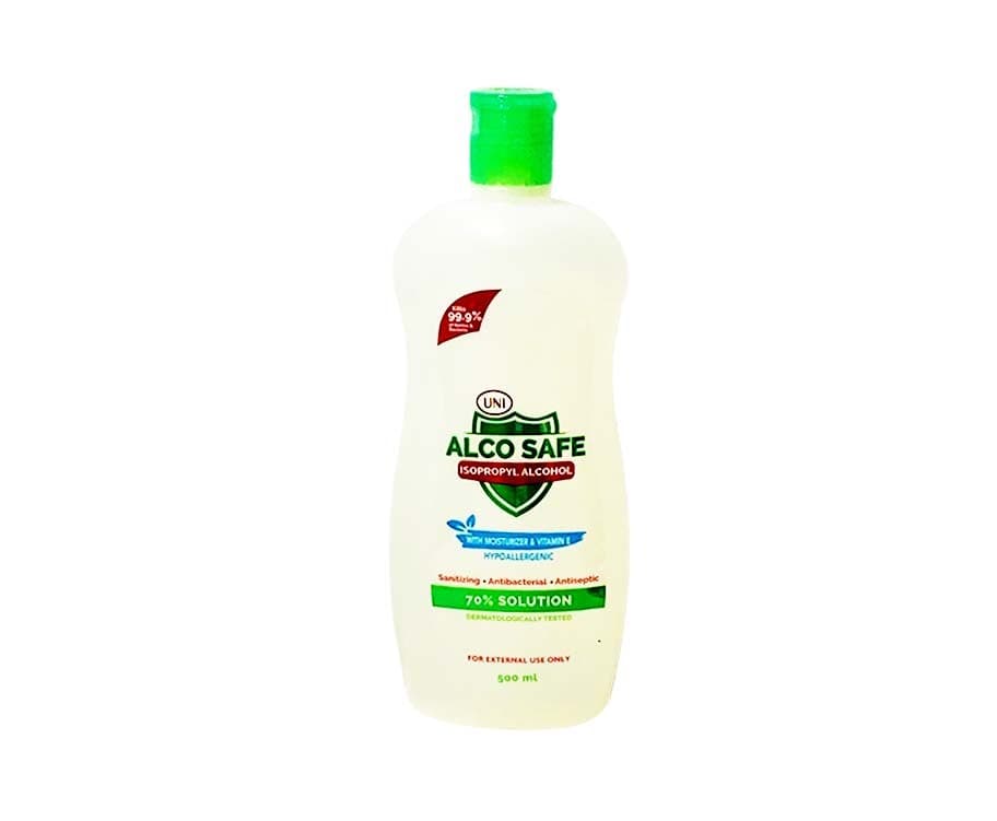 Uni Alco Safe Isopropyl Alcohol 70% Solution Hypoallergenic with Moisturizer & Vitamin E 500mL