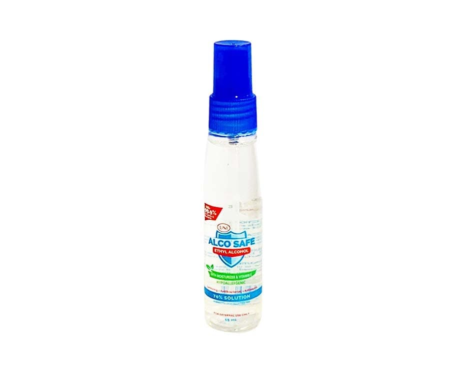 Uni Alco Safe Ethyl Alcohol with Moisturizer & Vitamin E Hypoallergenic 70% Solution 55mL