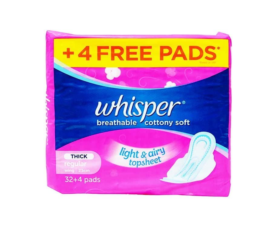 Whisper Breathable Cottony Soft Light & Airy Topsheet Thick Regular 32+4pads